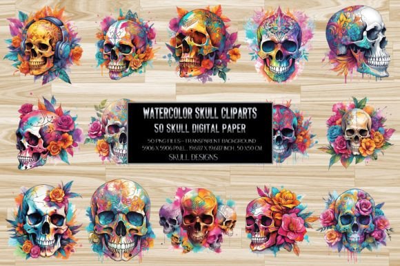 Download 50 Watercolor Skull Clipart - Premium Bundle